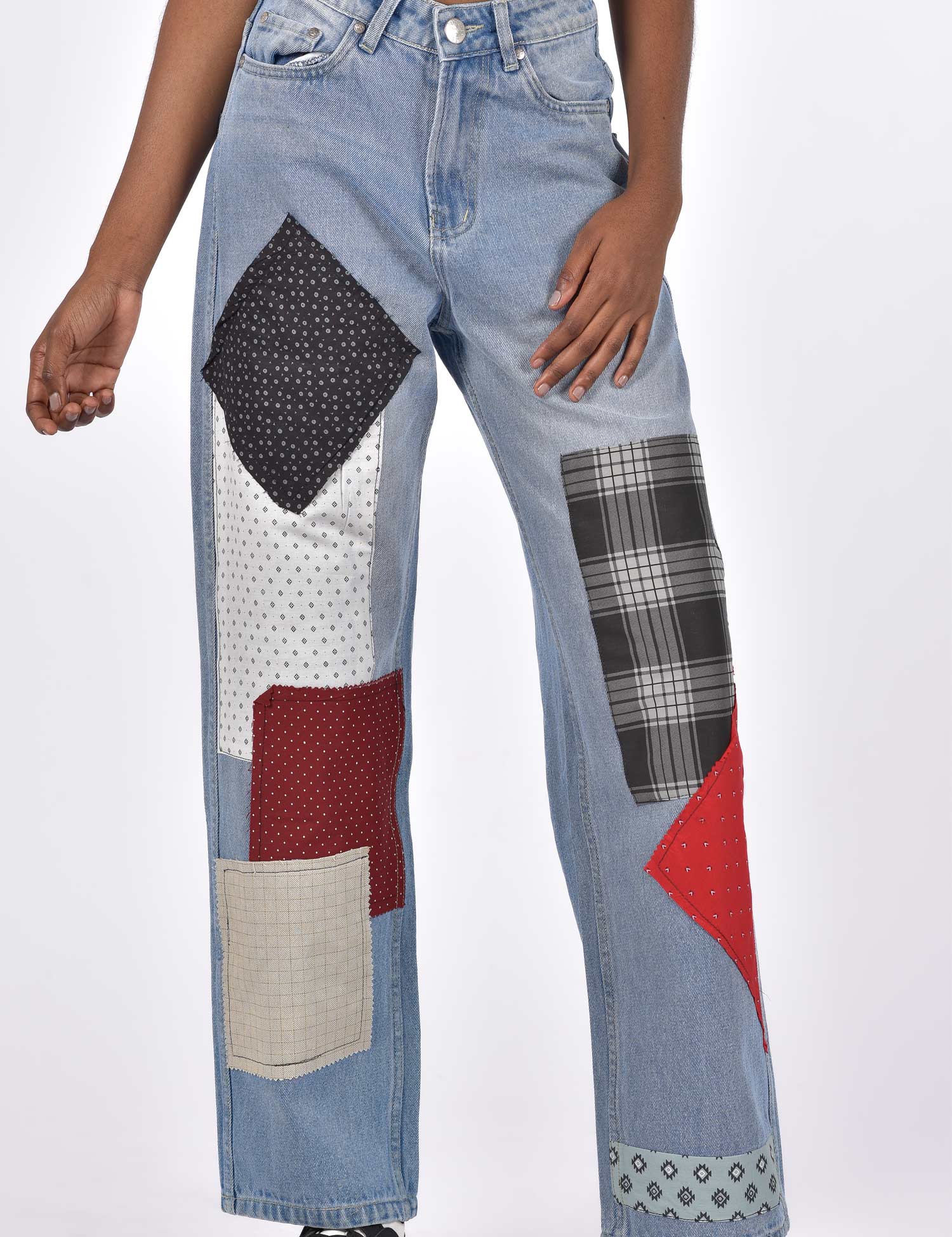 High Waist Wide Leg Patchy Jeans