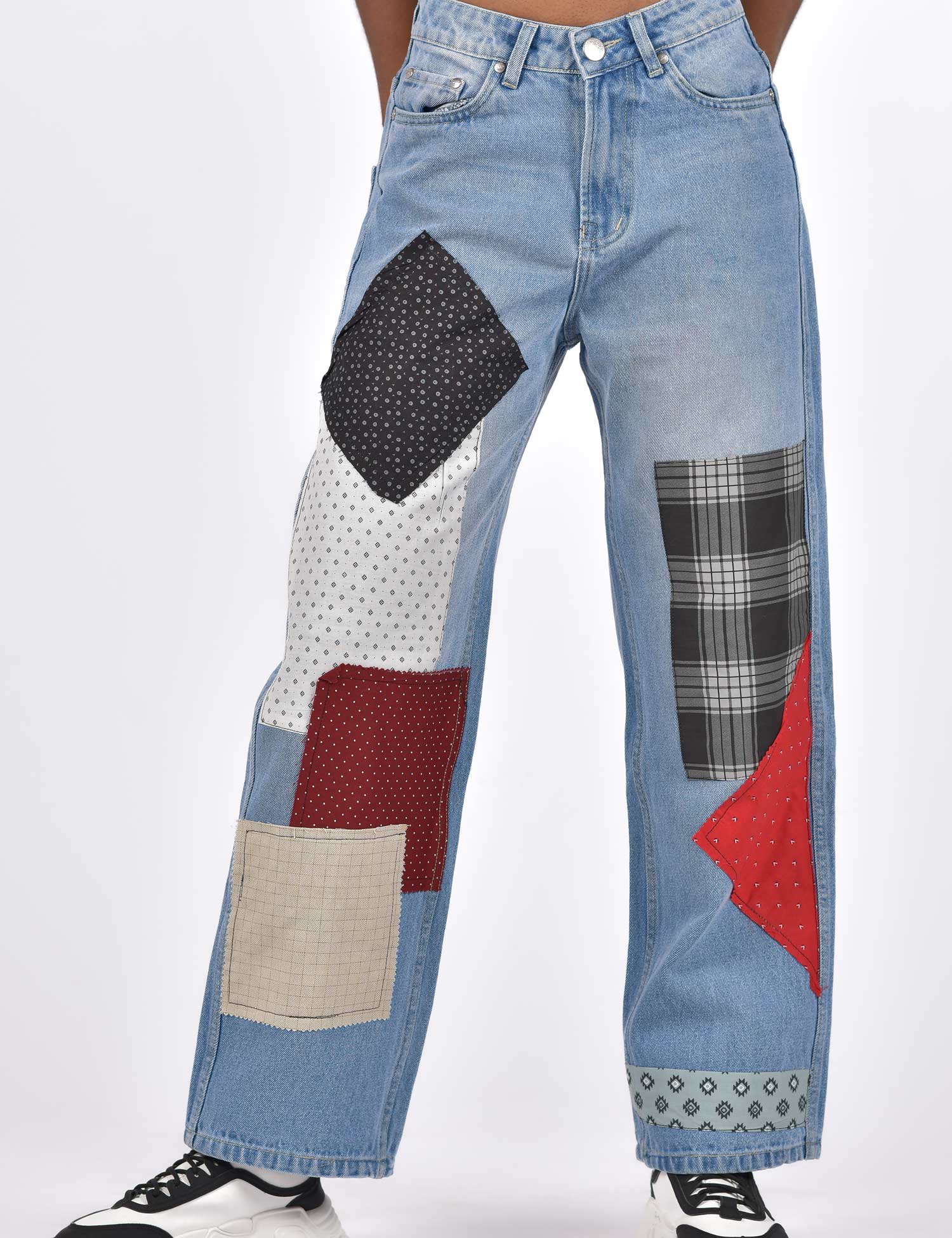 High Waist Wide Leg Patchy Jeans